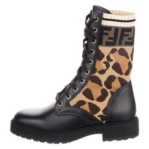 Fendi Leather Animal Print Combat Boots